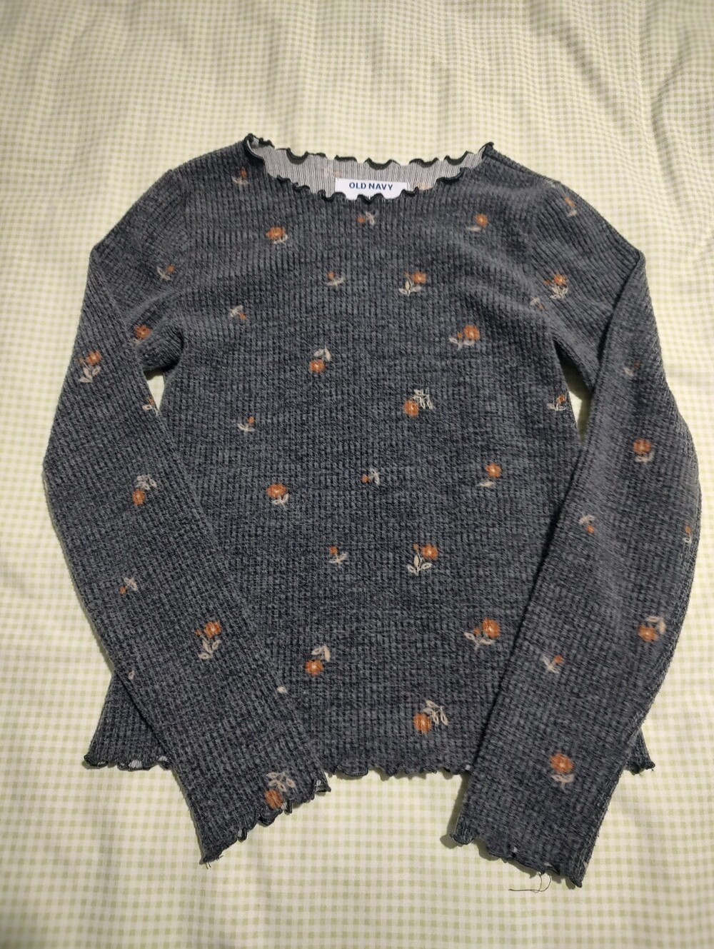 Girls Old Navy Charcoal Ribbed Crewneck Sweater with Orange Floral Accents